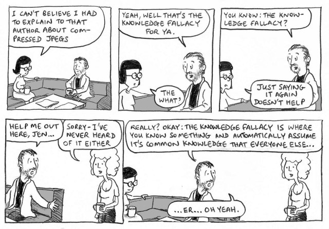 I can't believe I had to explain to that author about compressed JPEGs. Yeah, well that's the knowledge fallacy for ya. The what? You know: the knowledge fallacy. Just saying it again doesn't help. Help me out here, Jen ... Sorry – I've never heard of it either. Really? Okay: the knowledge fallacy is where you know something and automatically assume it's common knowledge that everyone else ... er ... oh yeah.