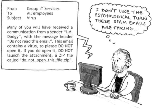From Group IT Services. To All employees. Subject Viruses. Many of you will have received a communication from a sender "I.M. Dodgy", with the message header "Do not read this email". This email contains a virus, so please DO NOT open it. If you do open it, DO NOT launch the attachment, a ZIP file called "do_not_open_this_file.zip". I don't like the psychological turn these spam emails are taking ...